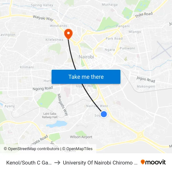 Kenol/South C Gardens to University Of Nairobi Chiromo Campus map