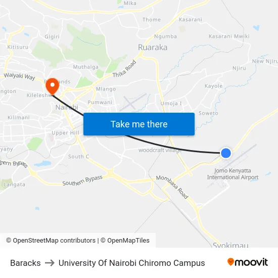 Baracks to University Of Nairobi Chiromo Campus map