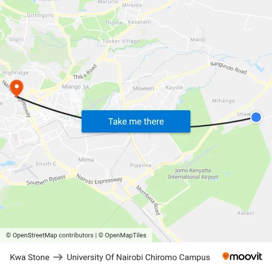 Kwa Stone to University Of Nairobi Chiromo Campus map