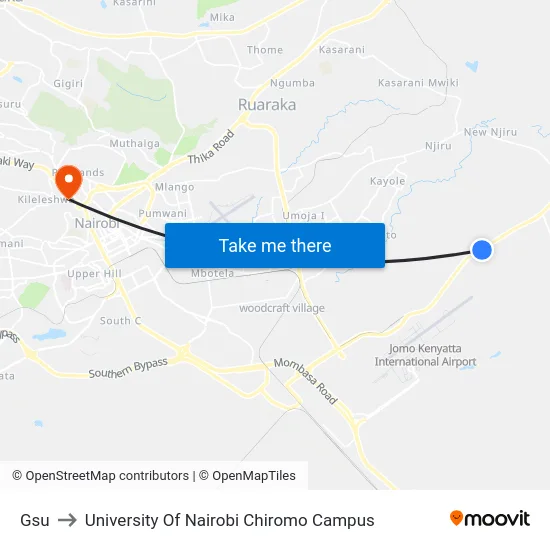 Gsu to University Of Nairobi Chiromo Campus map