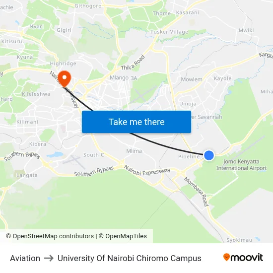 Aviation to University Of Nairobi Chiromo Campus map