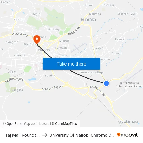 Taj Mall Roundabout to University Of Nairobi Chiromo Campus map
