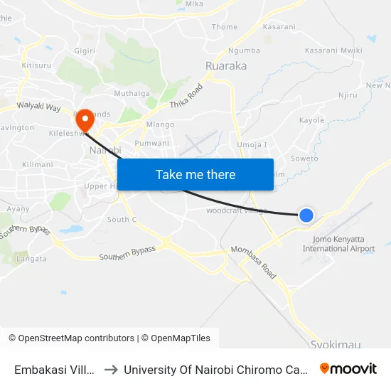 Embakasi Village to University Of Nairobi Chiromo Campus map