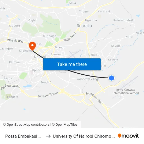 Posta Embakasi Village to University Of Nairobi Chiromo Campus map