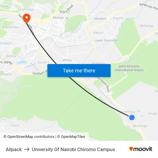 Allpack to University Of Nairobi Chiromo Campus map