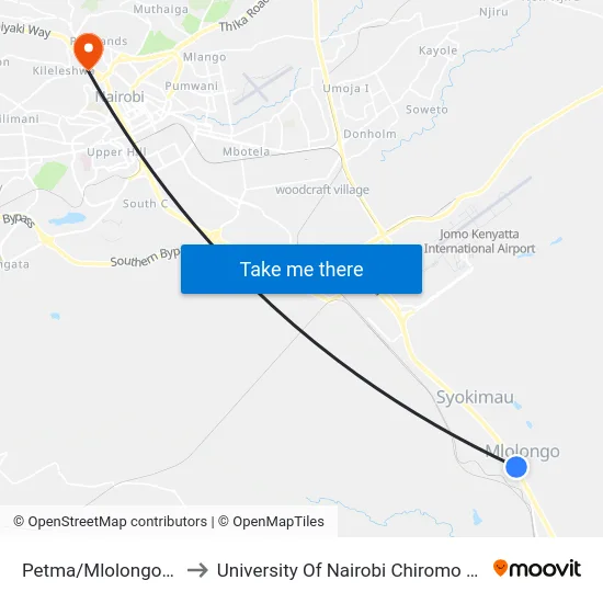 Petma/Mlolongo Chini to University Of Nairobi Chiromo Campus map