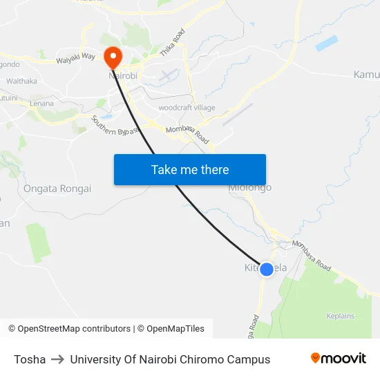 Tosha to University Of Nairobi Chiromo Campus map