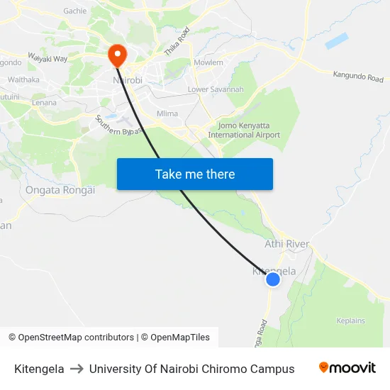 Kitengela to University Of Nairobi Chiromo Campus map