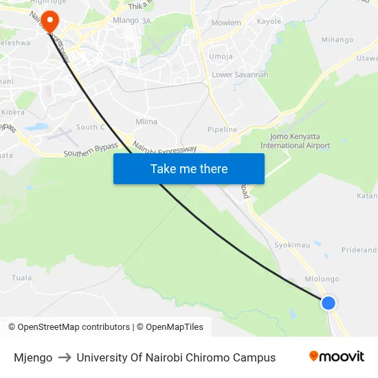 Mjengo to University Of Nairobi Chiromo Campus map