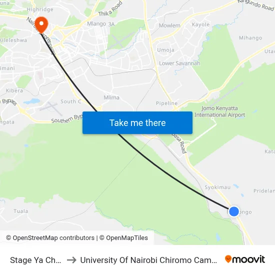 Stage  Ya Chini to University Of Nairobi Chiromo Campus map