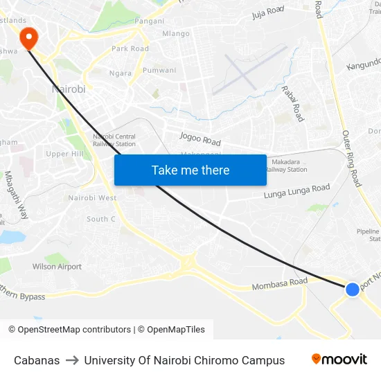 Cabanas to University Of Nairobi Chiromo Campus map