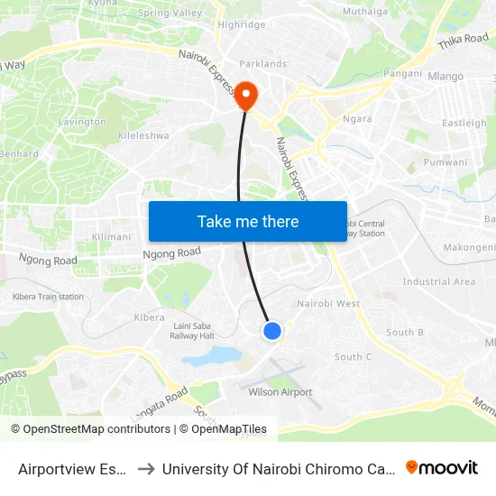 Airportview Estate to University Of Nairobi Chiromo Campus map