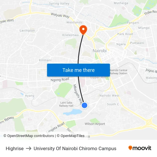Highrise to University Of Nairobi Chiromo Campus map