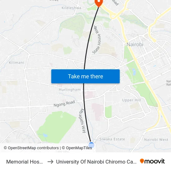 Memorial Hospital to University Of Nairobi Chiromo Campus map