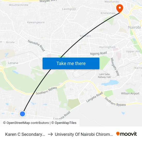 Karen C Secondary School to University Of Nairobi Chiromo Campus map