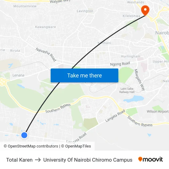 Total Karen to University Of Nairobi Chiromo Campus map