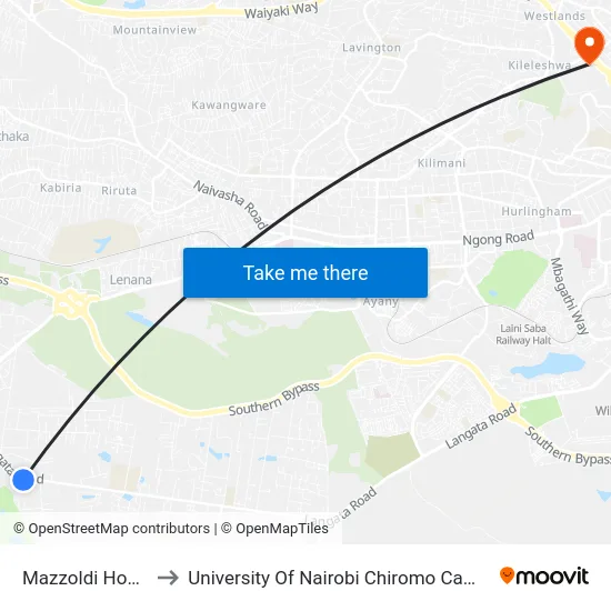 Mazzoldi House to University Of Nairobi Chiromo Campus map