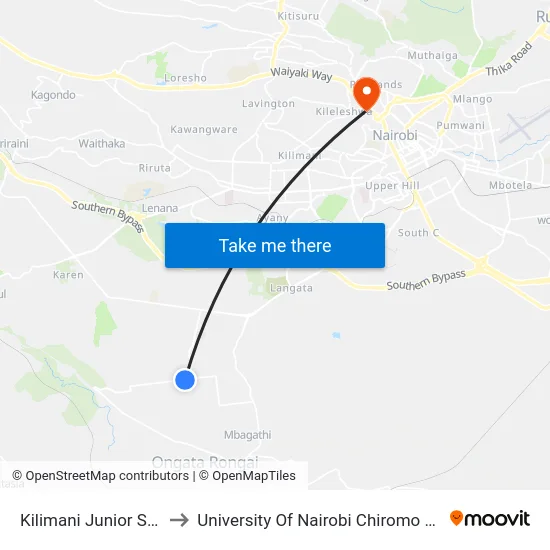 Kilimani Junior School to University Of Nairobi Chiromo Campus map