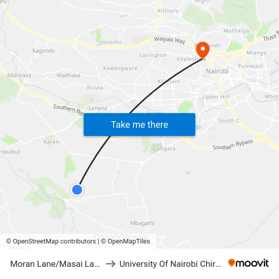 Moran Lane/Masai Lane Junction to University Of Nairobi Chiromo Campus map