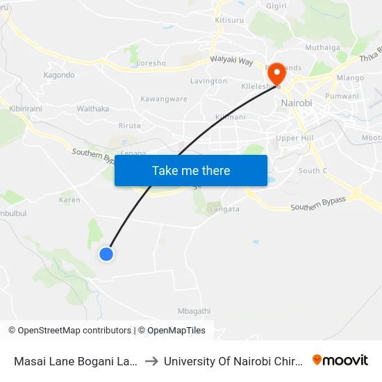 Masai Lane Bogani Lane Junction to University Of Nairobi Chiromo Campus map
