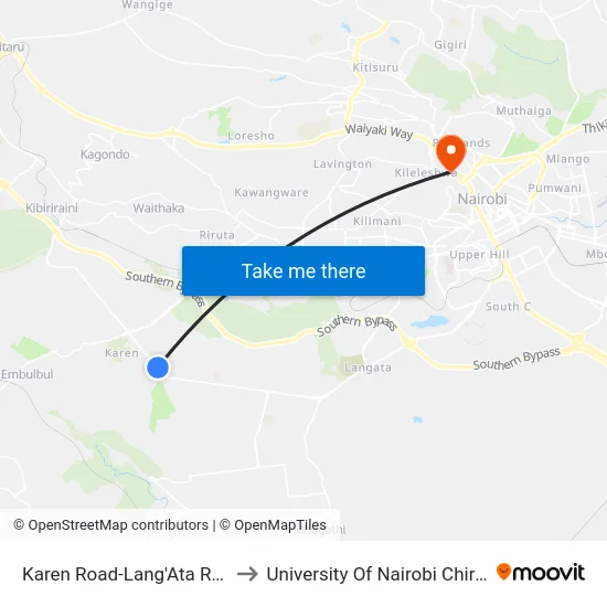 Karen Road-Lang'Ata Road Junction to University Of Nairobi Chiromo Campus map