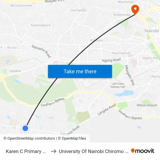 Karen C Primary School to University Of Nairobi Chiromo Campus map