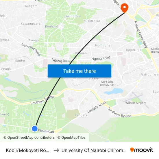 Kobil/Mokoyeti Road West to University Of Nairobi Chiromo Campus map