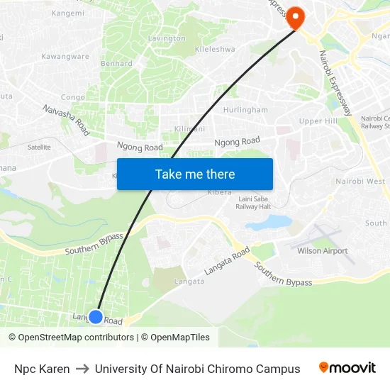 Npc Karen to University Of Nairobi Chiromo Campus map