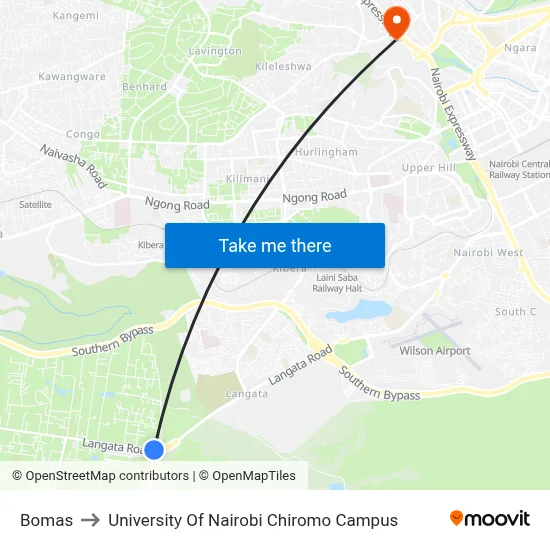 Bomas to University Of Nairobi Chiromo Campus map