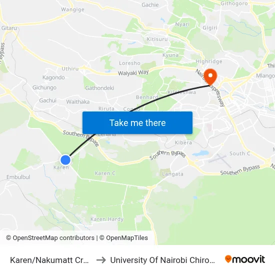 Karen/Nakumatt Crossroads to University Of Nairobi Chiromo Campus map