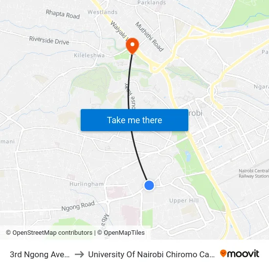 3rd Ngong Avenue to University Of Nairobi Chiromo Campus map