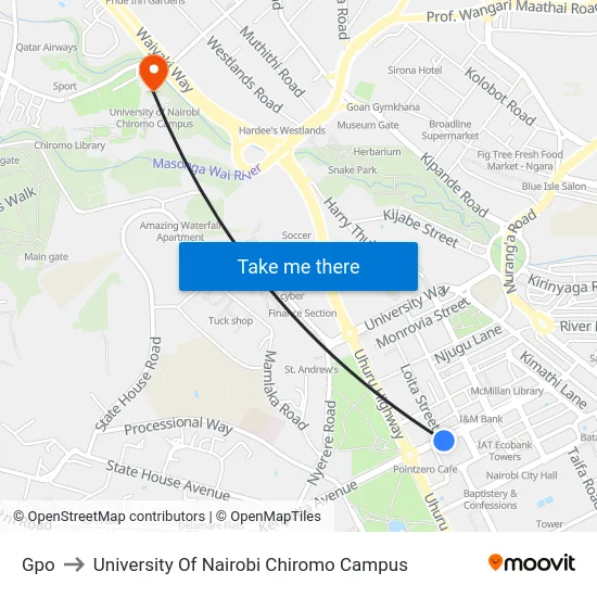 Gpo to University Of Nairobi Chiromo Campus map