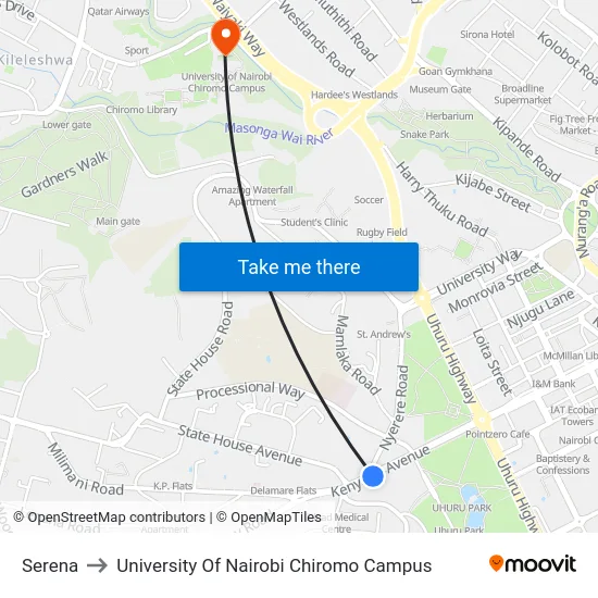Serena to University Of Nairobi Chiromo Campus map