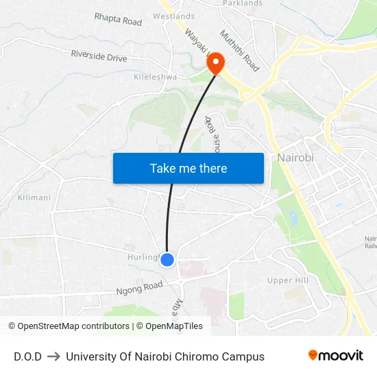 D.O.D to University Of Nairobi Chiromo Campus map