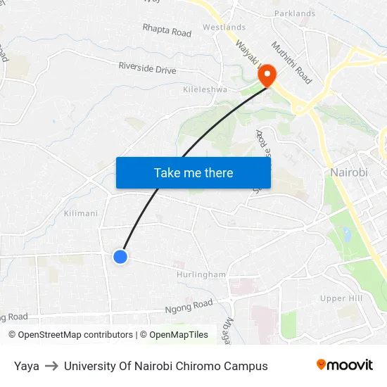 Yaya to University Of Nairobi Chiromo Campus map