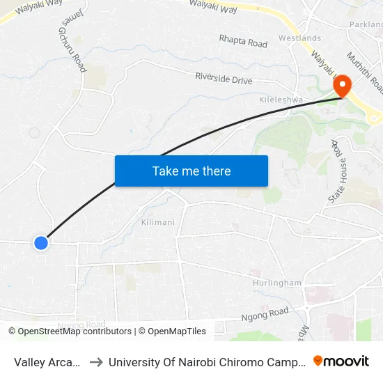 Valley Arcade to University Of Nairobi Chiromo Campus map