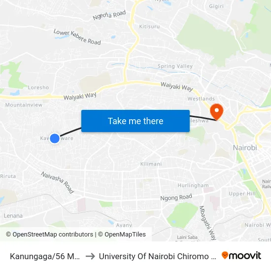Kanungaga/56 Mwisho to University Of Nairobi Chiromo Campus map