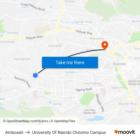 Amboseli to University Of Nairobi Chiromo Campus map