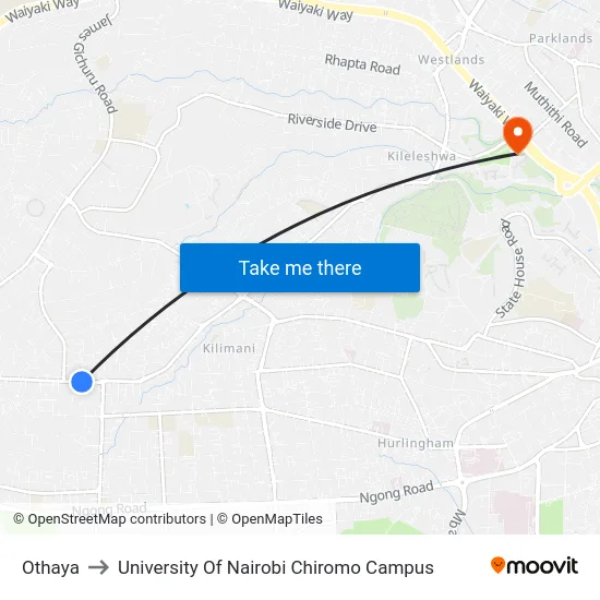 Othaya to University Of Nairobi Chiromo Campus map