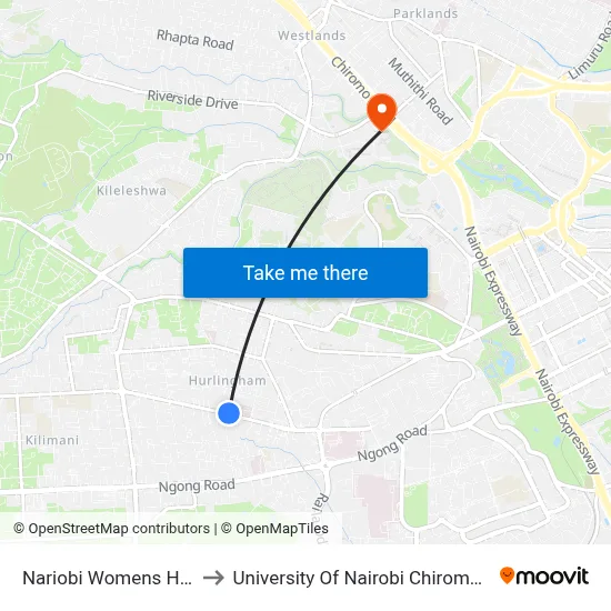 Nariobi Womens Hospital to University Of Nairobi Chiromo Campus map