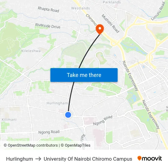 Hurlinghum to University Of Nairobi Chiromo Campus map