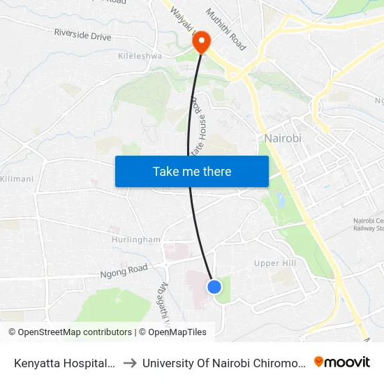 Kenyatta Hospital Stage to University Of Nairobi Chiromo Campus map