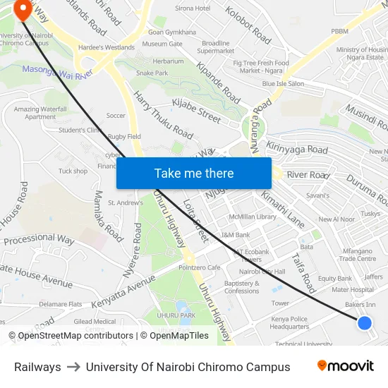 Railways to University Of Nairobi Chiromo Campus map