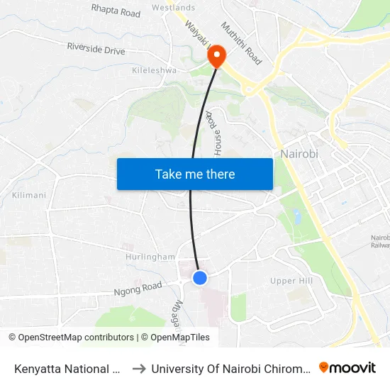 Kenyatta National Hospital to University Of Nairobi Chiromo Campus map