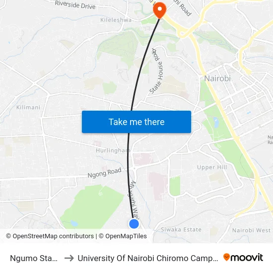 Ngumo Stage to University Of Nairobi Chiromo Campus map