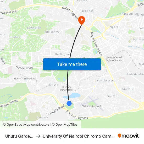 Uhuru Gardens to University Of Nairobi Chiromo Campus map