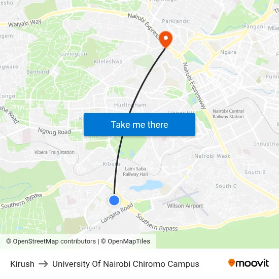 Kirush to University Of Nairobi Chiromo Campus map