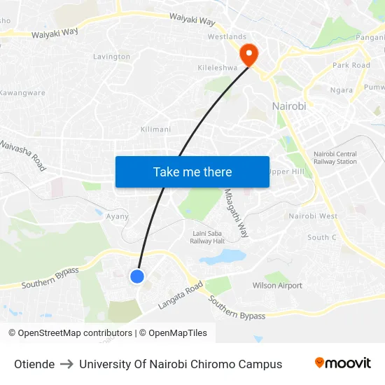 Otiende to University Of Nairobi Chiromo Campus map