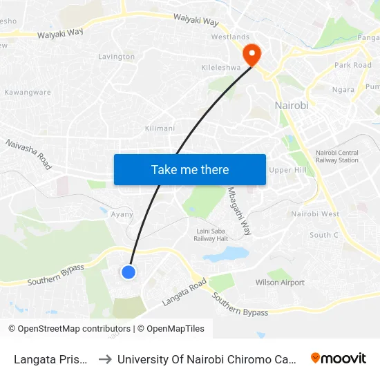 Langata Prisons to University Of Nairobi Chiromo Campus map