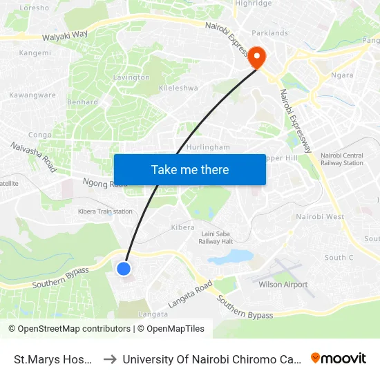 St.Marys Hospital to University Of Nairobi Chiromo Campus map